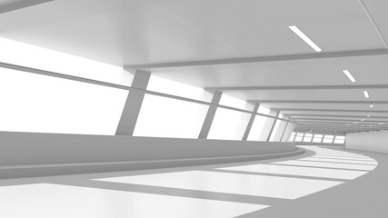 Long tunnel with columns in white and shadow. Empty white interior background. Room with ceiling illumination and striped pattern of shadows and lights, 3d rendering isolated with clipping Path. 