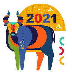 Happy Chinese New Year 2021 vector design. Symbol of 2021 Year the Bull. 2021 Happy New Year template. Vector illustration with colorful Bull in folk style. Calendar design, brochure, catalog, card.