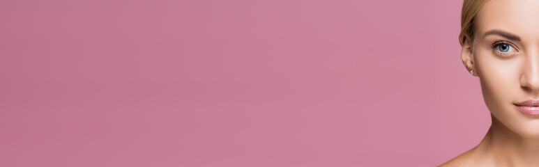 Obraz premium cropped view of beautiful blonde woman with perfect skin isolated on pink, banner