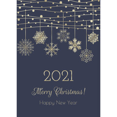 Invitation New Years Christmas Card blue and gold color. Snowflakes, stars, bright glare on the postcard.  Vector illustration. - 396764091