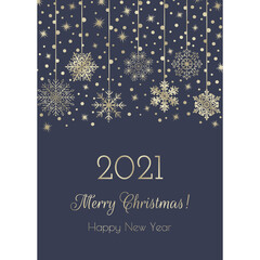 Fototapeta na wymiar Invitation New Years Christmas Card blue and gold color. Snowflakes, stars, bright glare on the postcard. Vector illustration.
