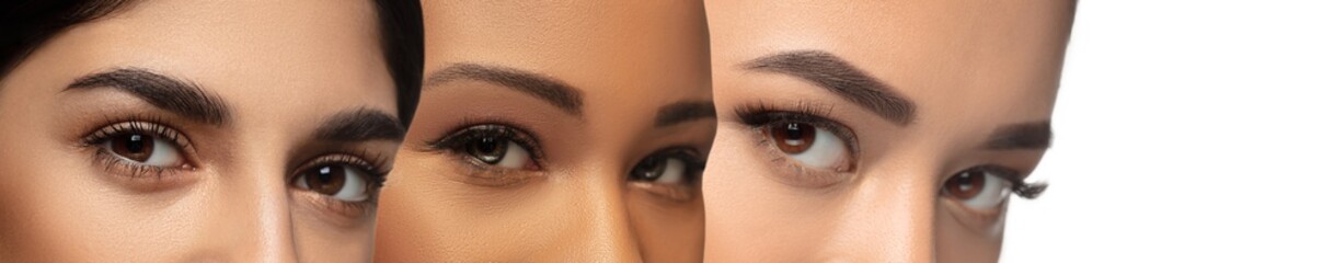 Obraz premium Close up female eyes. Faces of beautiful multi-ethnic young women, focus on eyes. Human emotions, facial expression, cosmetology, body and skin care concept. Horizontal collage