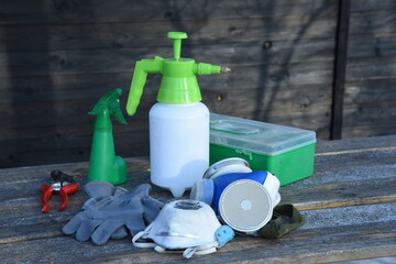Garden maintenance tools pruner gloves sprayer garden first aid kit and respirator. Garden...