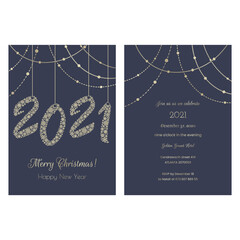 Invitation New Years 2021, Christmas Card blue and gold color. Snowflakes, stars, bright glare on the postcard.  Vector illustration. - 396764291