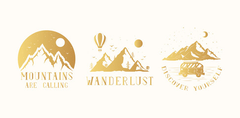 Set of hand drawn golden wanderlust badges with mountains. Vector isolated discovery, explore and adventure gold prints and labels.