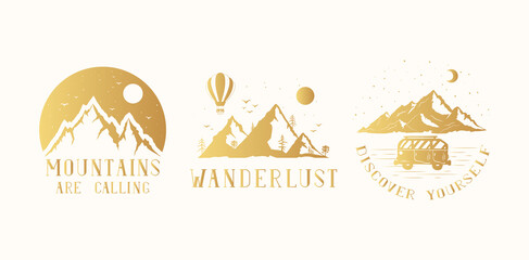 Set of hand drawn golden wanderlust badges with mountains. Vector isolated discovery, explore and adventure gold prints and labels.