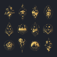 Set of hand drawn golden wanderlust badges and labels with forest trees, mountains, globe, moon and stars. Vector isolated adventure prints. Gold geometric frames for posters and tattoo. 