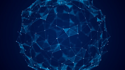 Technology blue sphere with connecting dots, triangles and liles. Digital abstract network structure. 3D rendering.