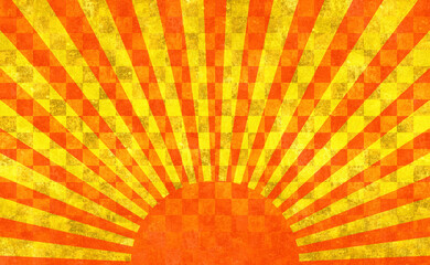 赤の放射線。金色の背景。太陽。古い紙の素材。
Red radiation. Golden background. Sun. Old paper material.
