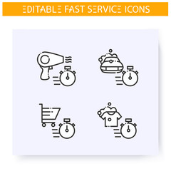Fototapeta na wymiar Fast service line icons set. Quick beauty service, shopping, laundry and car maintenance. Express solutions, short term, time management concept. Isolated vector illustrations. Editable stroke