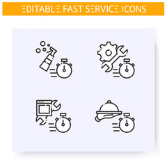 Fast service line icons set. Quick cleaning, repair, catering, maintenance. Express solutions, short term, time management concept. Isolated vector illustrations. Editable stroke