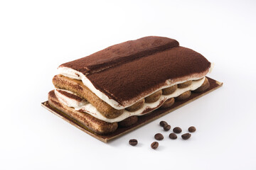 Traditional tiramisu cake isolated on white background	