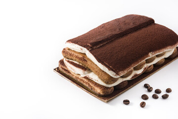 Traditional tiramisu cake isolated on white background	