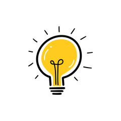 Light bulb with rays shine. Cartoon style. Flat style. Hand drawn style. Doodle style. Symbol of creativity, innovation, inspiration, invention and idea. Vector