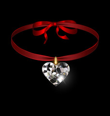 black background and jewel pendant heart with red tape