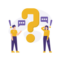illustration of a team or group standing and discussing next to a question mark symbol. concept Frequently asked questions or FAQs, question marks around people, online support center. flat style