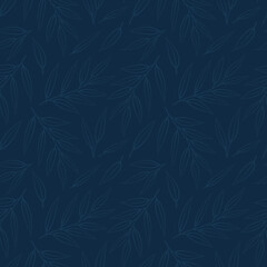 Vector seamless pattern with falling leaves on dark blue background; for greeting cards, wrapping paper, posters, banners, packaging.