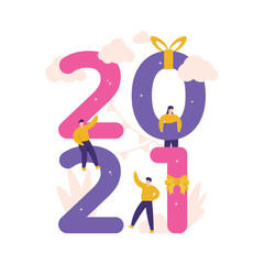 Fototapeta na wymiar Vector illustration of little people celebrating the new year festival, a family or team dancing at an annual party or event. happy new year 2021. typography numbers 2021 and flat design
