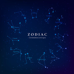 Zodiac signs on starry sky. Twelve constellations of the zodiac. Constellations lying in the plane of the ecliptic. vector © Ihor