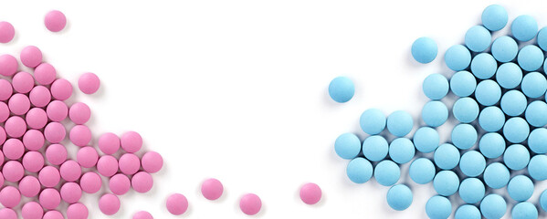 blue and red drugs. Pills isolated on white