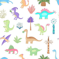 It is the seamless vector background for kids with cute cartoon dinosaurs. Prehistoric dinos are walking between ancient imaginary plants. Funny bright hand-drawn dinosaurs are drawn in sketch style.