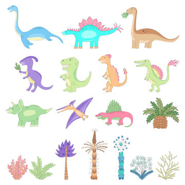 Vector collection of cute cartoon imaginary dinosaurs and ancient plants.