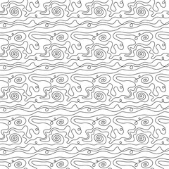 Background of a thin black line on a white background. One line. Linear style. An imprint, a twisting curve. Seamless pattern. Stock vector illustration.