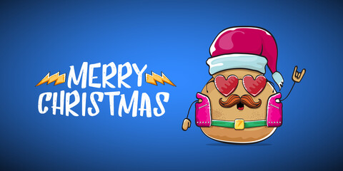 vector rock star santa potato funny cartoon cute character with with red santa hat and calligraphic merry christmas text isolated on blue horizontal background. rock n roll christmas party banner