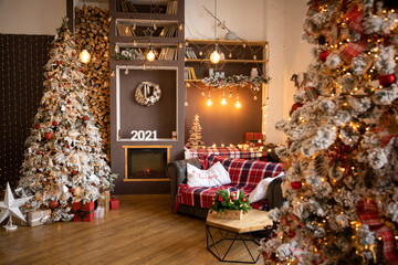 A beautiful living room decorated for Christmas, Happy New Year 2021