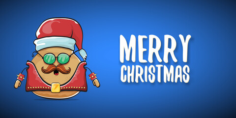 vector rock star santa potato funny cartoon cute character with with red santa hat and calligraphic merry christmas text isolated on blue horizontal background. rock n roll christmas party banner