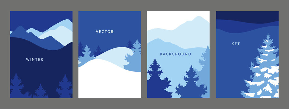 Vector set of winter backgrounds in blue colors - vibrant banners with Christmas trees and sky/snow/mountain shapes. Suitable for wallpapers, posters, cover design templates, social media stories.