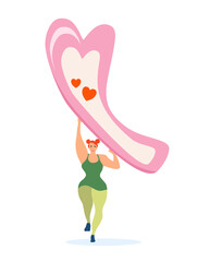 Strong athletic girl holding a big sanitary pad.Comfort and hygiene during menstruation and periods.Body positive and woman power concept.Protection in critical days.Vector on white background