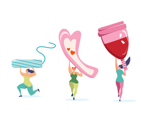 Three strong athletic girls holding big menstrual cup,tampon and sanitary pad.Comfort,protection and hygiene during periods.Body positive and women power set.Vector on white background.