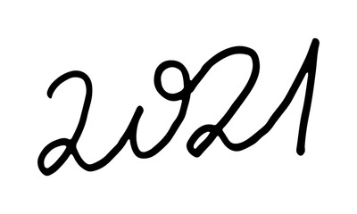 Hand drawn 2021 year number. Handwritten isolated lettering text. Design element for New Year banner, poster, invitation, greeting card.