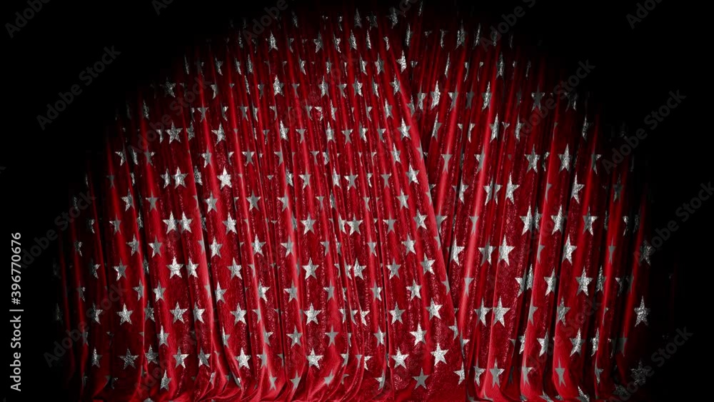 Poster realistic 3d animation of the red textured fancy stars pattern stage curtain rendered in uhd, alpha 