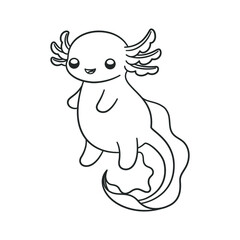 Happy axolotl outline line art cartoon vector illustration. Cute underwater aquatic animal design. Easy simple coloring book page activity for kids.