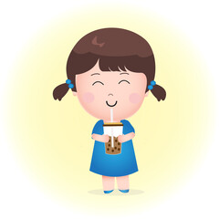 Cute Girl Cartoon Drink Ice Boba.