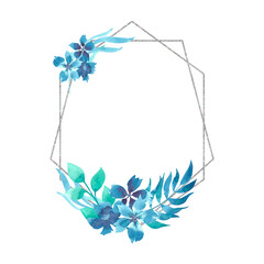 Watercolor floral frame with blue flowers and branches with a geometric silver element, isolated on a white background. For wedding invitations, greeting cards, textiles.
