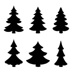 Hand drawn set silhouette Christmas Trees isolated on white background. Vector outline illustration. Design for holiday cards, backgrounds, ornaments, decoration, banner, flyer
