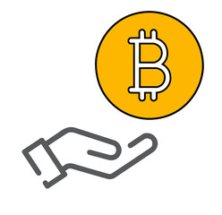 Flat hand holding Bitcoin icon isolated on white background