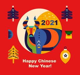 Happy Chinese New Year 2021 vector design. Symbol of 2021 Year the Bull. 2021 Happy New Year template. Vector illustration with colorful Bull in folk style. Logo design of 2021 Chinese New Year