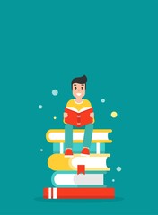 happy guy with stack of books. creative study, education, school. man giving advice .