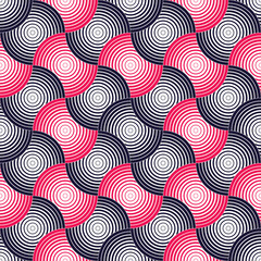 Abstract lines geometric seamless pattern, vector repeat endless fabric background. Overlapping circles funky theme. Usable for fabric, wallpaper, wrapping, web and print. Red and black