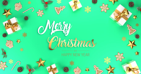 Fototapeta na wymiar Merry Christmas green banner. Frame decorative banner with presents, stars and golden ribbons. Holiday festive copy space. 3d rendering.