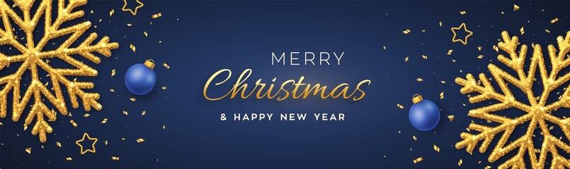 Christmas blue background with shining golden snowflakes, gold stars and balls. Merry christmas greeting card. Xmas background, horizontal poster, banner, header website. Vector Illustration.