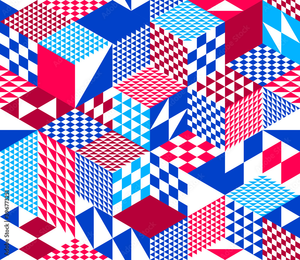 Poster 3d cubes seamless pattern vector background, rhombus and triangles dimensional blocks, architecture 