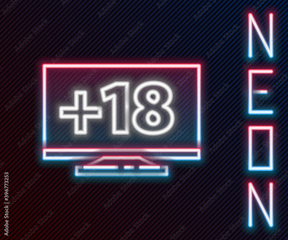 Aufkleber glowing neon line computer monitor with 18 plus content icon isolated on black background. age restr