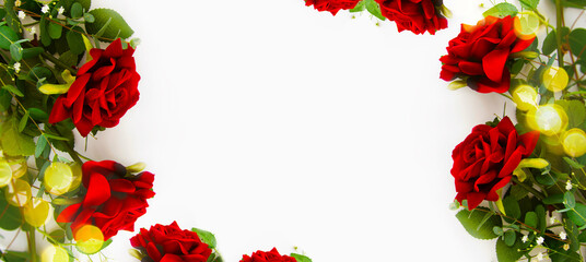 Roses and eucalyptus banner on white background. Valentine's Day concept, copy space