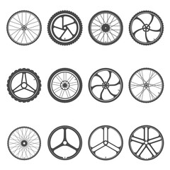 Bicycle wire wheel icon set, metal vehicle object
