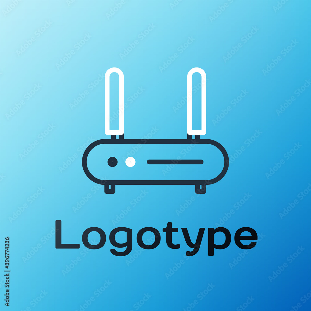 Poster line router and wi-fi signal icon isolated on blue background. wireless ethernet modem router. compu